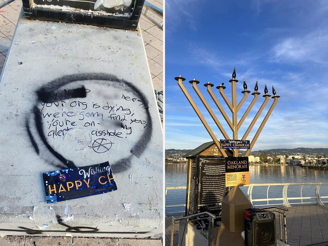 Chabad of Oakland's menorah at Lake Merritt on Dec. 10, before it was vandalized (right) and graffiti left where the menorah stood before it was pulled down. (Photos/Courtesy Chabad of Oakland)