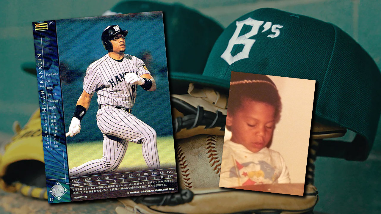 Collage of three pictures: Micah Franklin playing baseball, Micah Franklin as a little boy wearing a yarmulke, and a picture of an Oakland Ballers hat