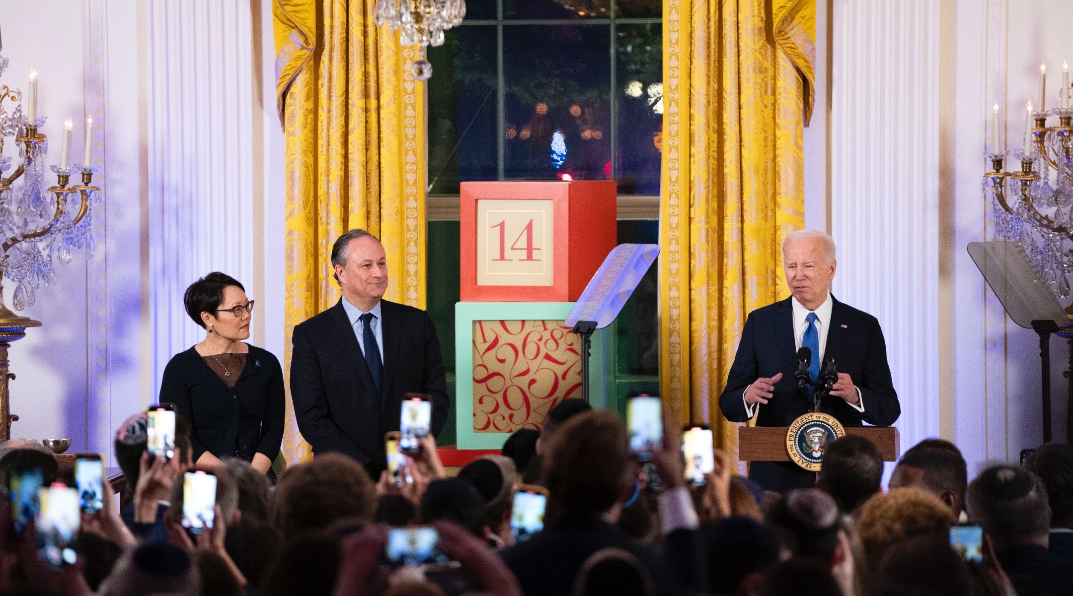 President Joe Biden, Second Gentleman Doug Emhoff and Rabbi Angela Buchdahl of Central Synagogue in New York City host a Hanukkah reception in the East Room of the White House, Dec. 11, 2023. (Photo/JTA-Bonnie Cash-Pool-Getty Images)