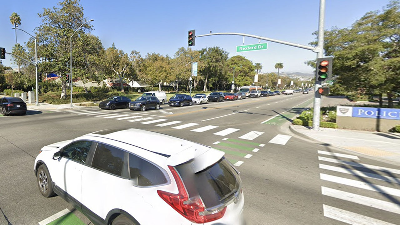 The intersection where an alleged antisemitic assault took place in Beverly Hills on Dec. 9, 2023, is also home to the city's police headquarters. (Screenshot/JTA via Google Maps)