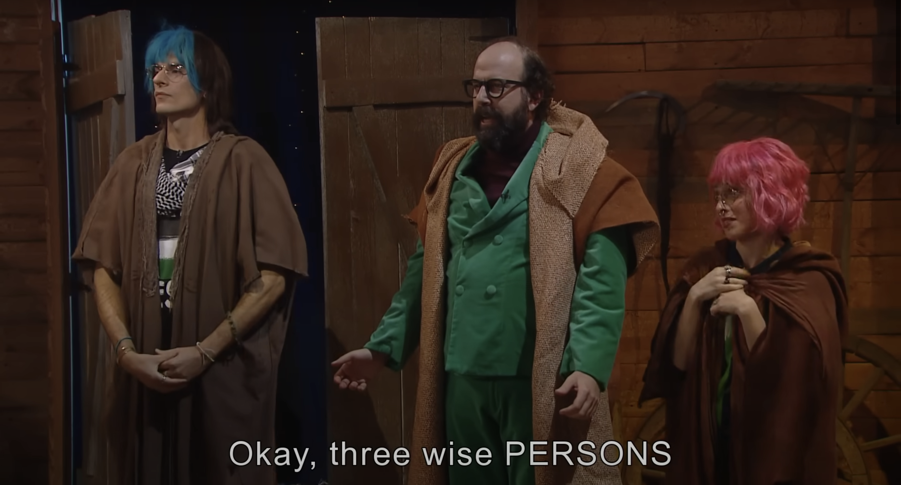 A pink-haired parody of a Berkeley progressive corrects her fellow "Three Wise Persons" on gender politics in a recent video from the Israeli sketch comedy series "Eretz Nehederet." (Screenshot/YouTube)
