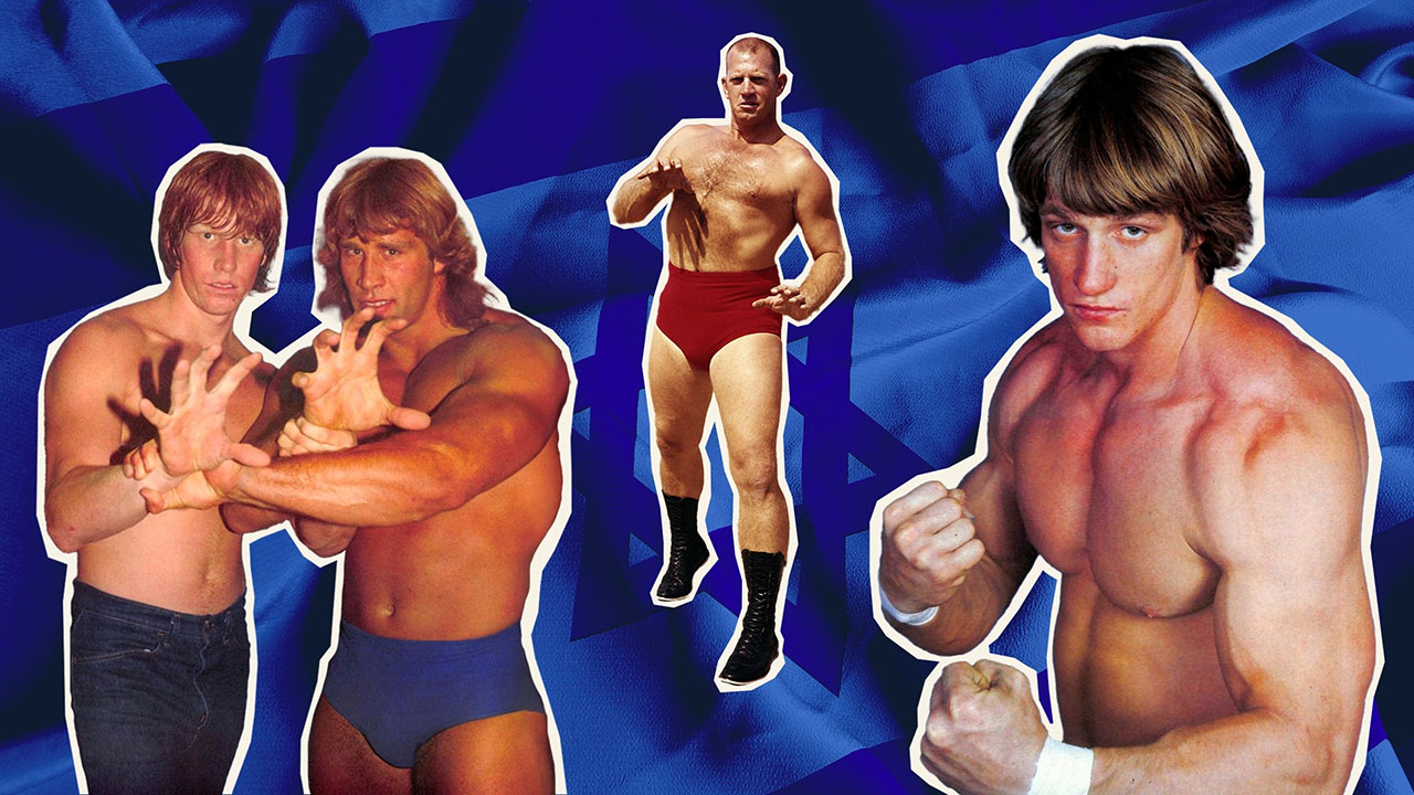 (From left) Mike, Kerry, Fritz and Kevin Von Erich. (Photo/JTA-Wikimedia Commons and Getty Images; Design by Grace Yagel)