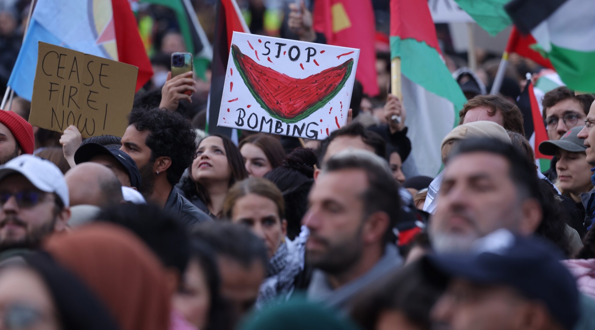 Someone in crowd holds up Stop Bombing sign with image of watermelon