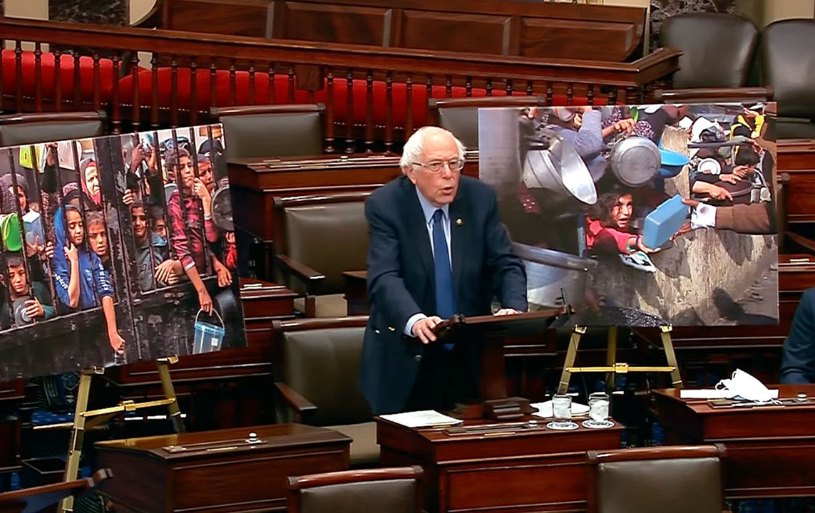 Bernie Sanders, the Vermont senator who caucuses with Democrats, argues for increased oversight of assistance to Israel, in the U.S. Senate, Jan. 15, 2024. (Screenshot/JTA via PBS)