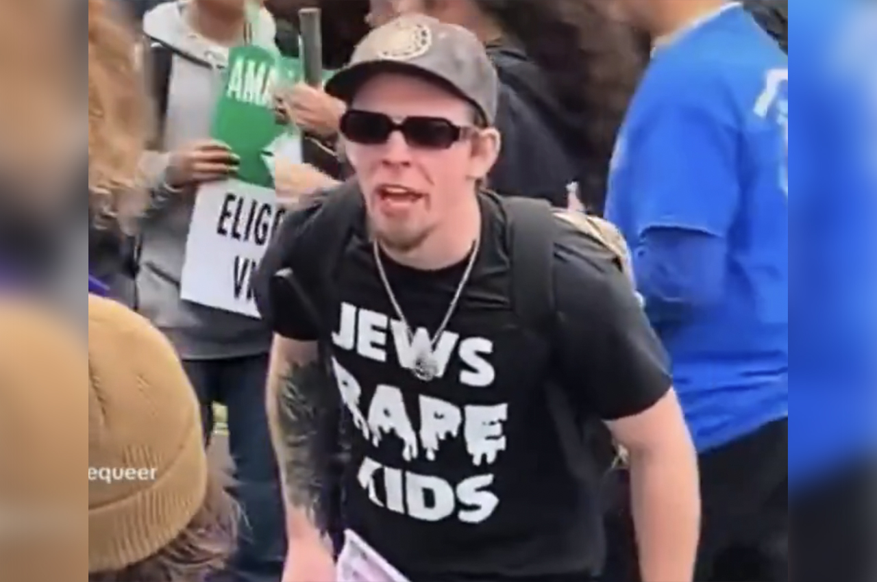 A man in a t-shirt that reads "Jews rape kids" attends an anti-abortion rally in San Francisco, Jan. 20, 2024. (Screenshot via Twitter; Video by TikTok user @acreativequeer)