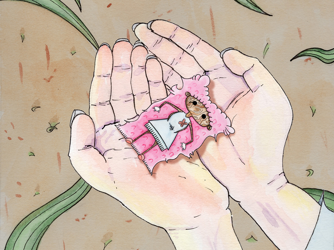 an illustration of a small, fragile doll cupped in a pair of hands