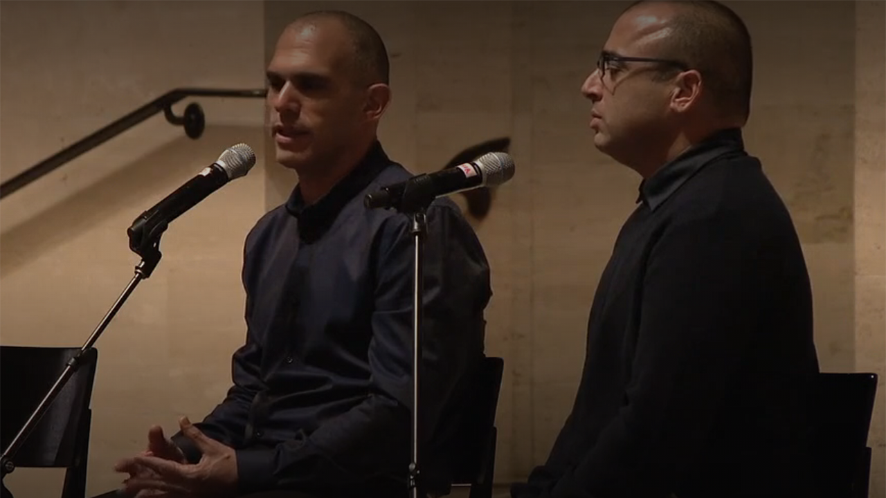 Elad Kidar (left) and Maayan Barkai speak about their experiences on Oct. 7 at Congregation Emanu-El in San Francisco on Feb. 1. (Screenshot/KTVU)