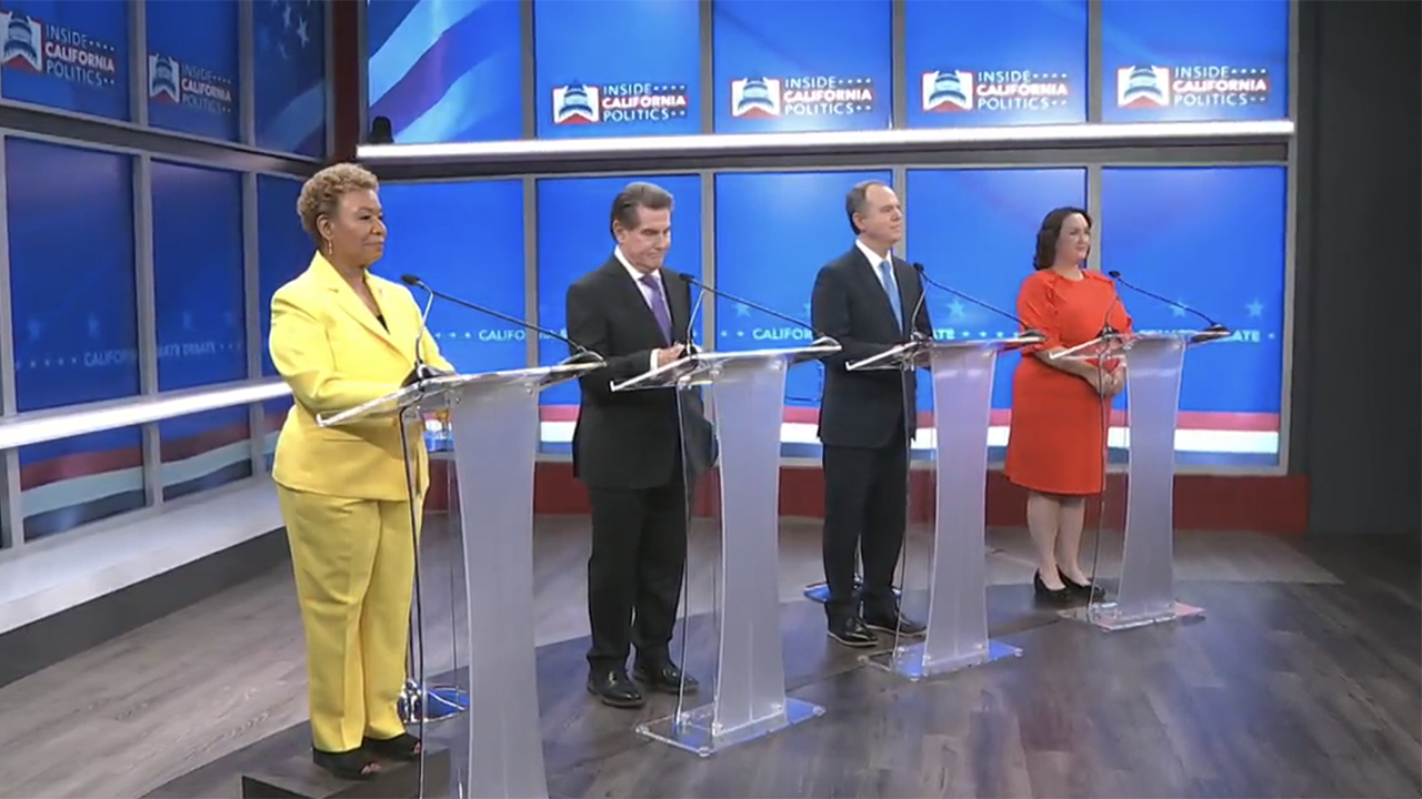 Senate candidates (from left) Rep. Barbara Lee (D-Oakland), former professional baseball player Steve Garvey, Rep. Adam Schiff (D-Burbank) and Rep. Katie Porter (D-Orange County) share the stage at a debate in San Francisco, Feb. 12, 2024. (Screenshot/KRON4)