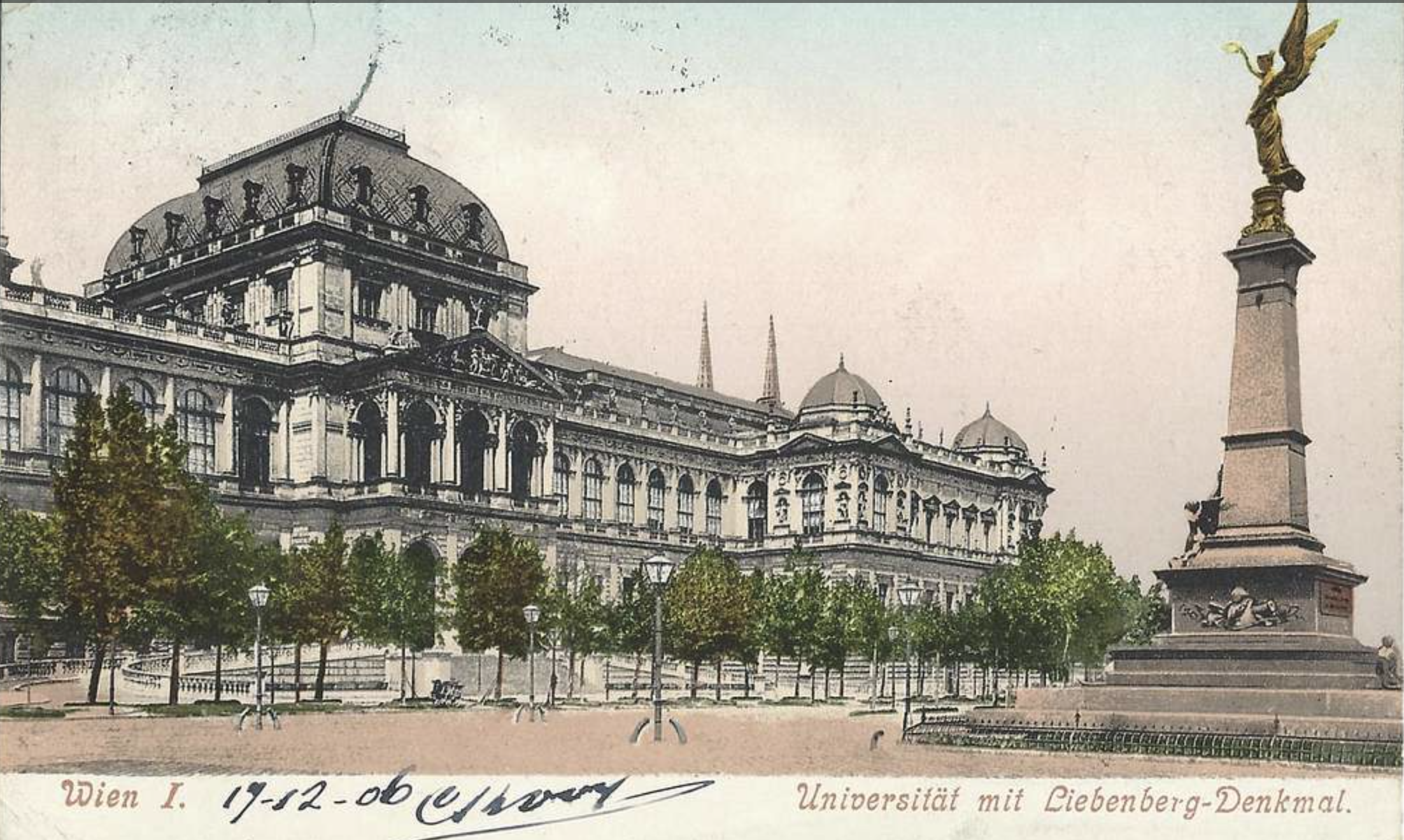 This vintage postcard shows the Liebenberg monument outside the University of Vienna, erected in 1890. (Photo/Wikimedia Commons)