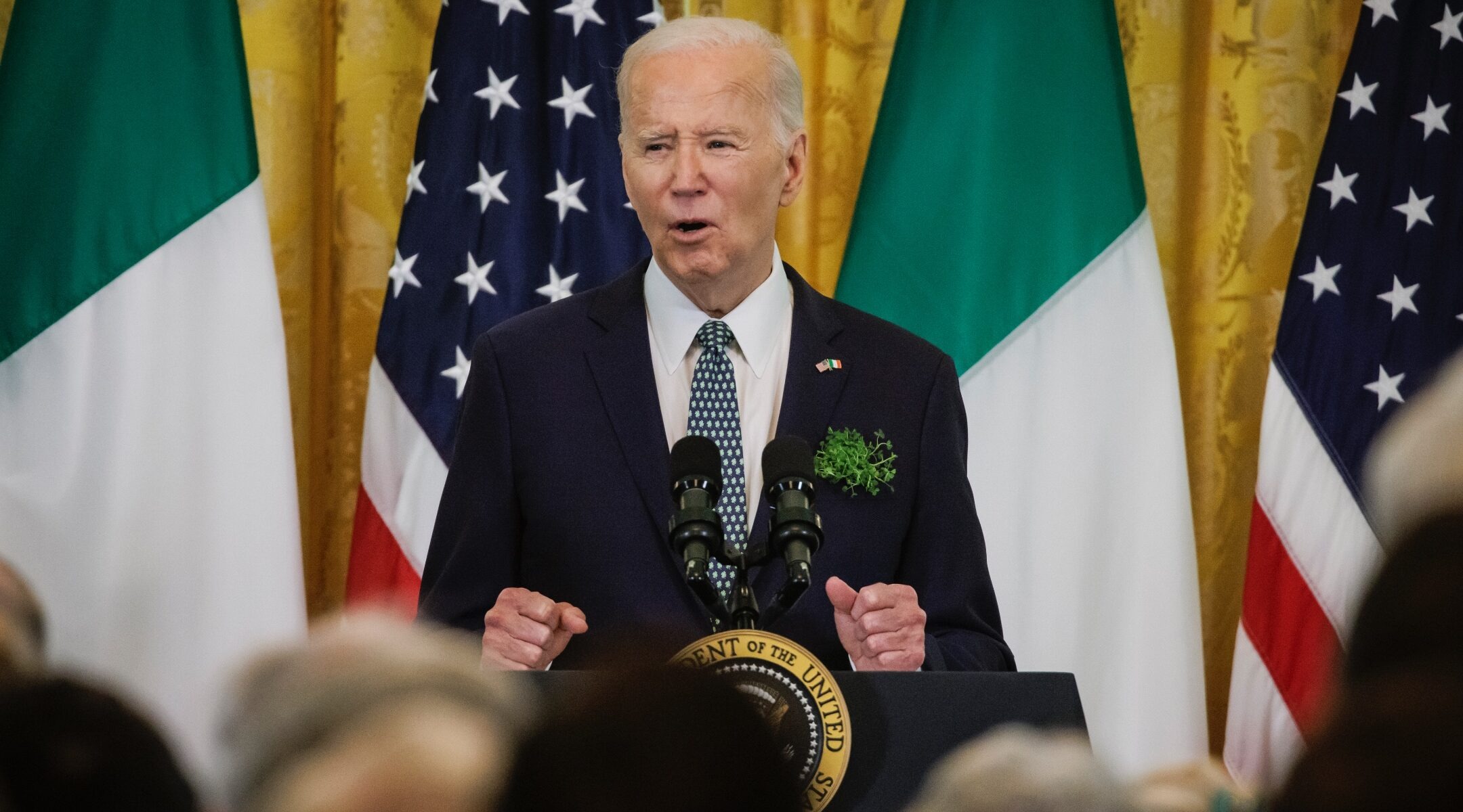 President Joe Biden speaks during a Saint Patrick’s Day event with Irish Taoiseach (prime minister) Leo Varadkar in the East Room of the White House, March 17, 2024 in Washington, DC. (Photo/JTA-Samuel Corum-Getty Images)