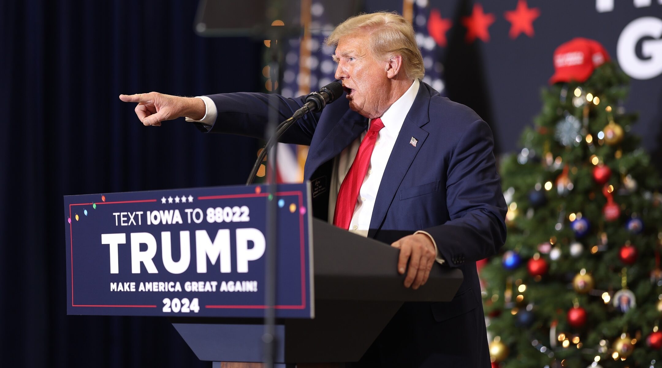 Republican presidential candidate and former U.S. President Donald Trump speaks at a campaign event in Waterloo, Iowa, Dec. 19, 2023. (Photo/JTA-Scott Olson-Getty Images)