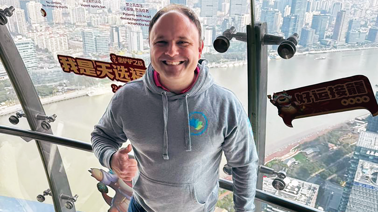 David Weiner, admissions director and enrollment manager at Kehillah Jewish High School in Palo Alto, atop the Oriental Pearl Tower in Shanghai, on a visit to recruit Chinese students for Kehillah, March 2024. (Photo/Courtesy)