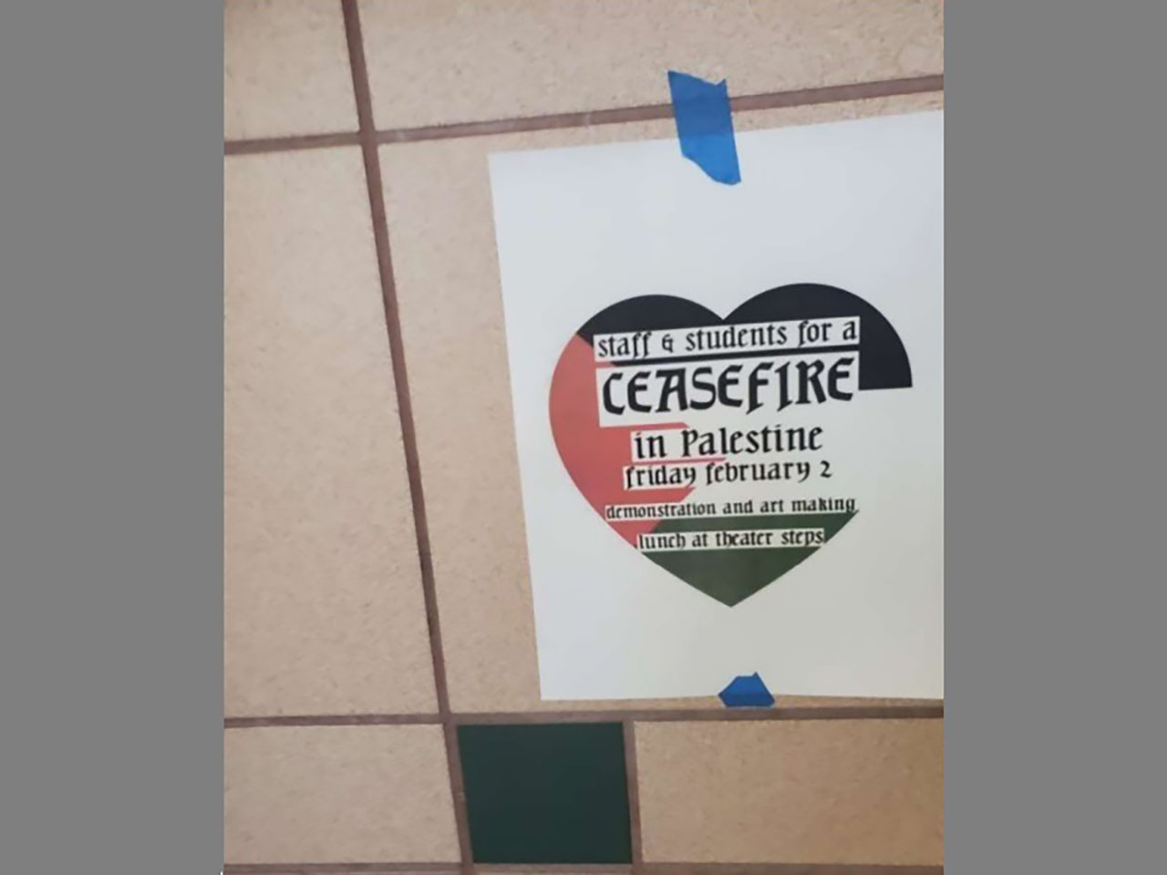 A complaint filed by the Brandeis Center and the ADL to the U.S. Department of Education alleges: "Teachers and staff at BHS organized, promoted, and participated in a demonstration calling for a ceasefire in the Israel-Gaza war. The event took place on the school's theater steps during school hours on February 2, 2024." (Photo/Screenshot)