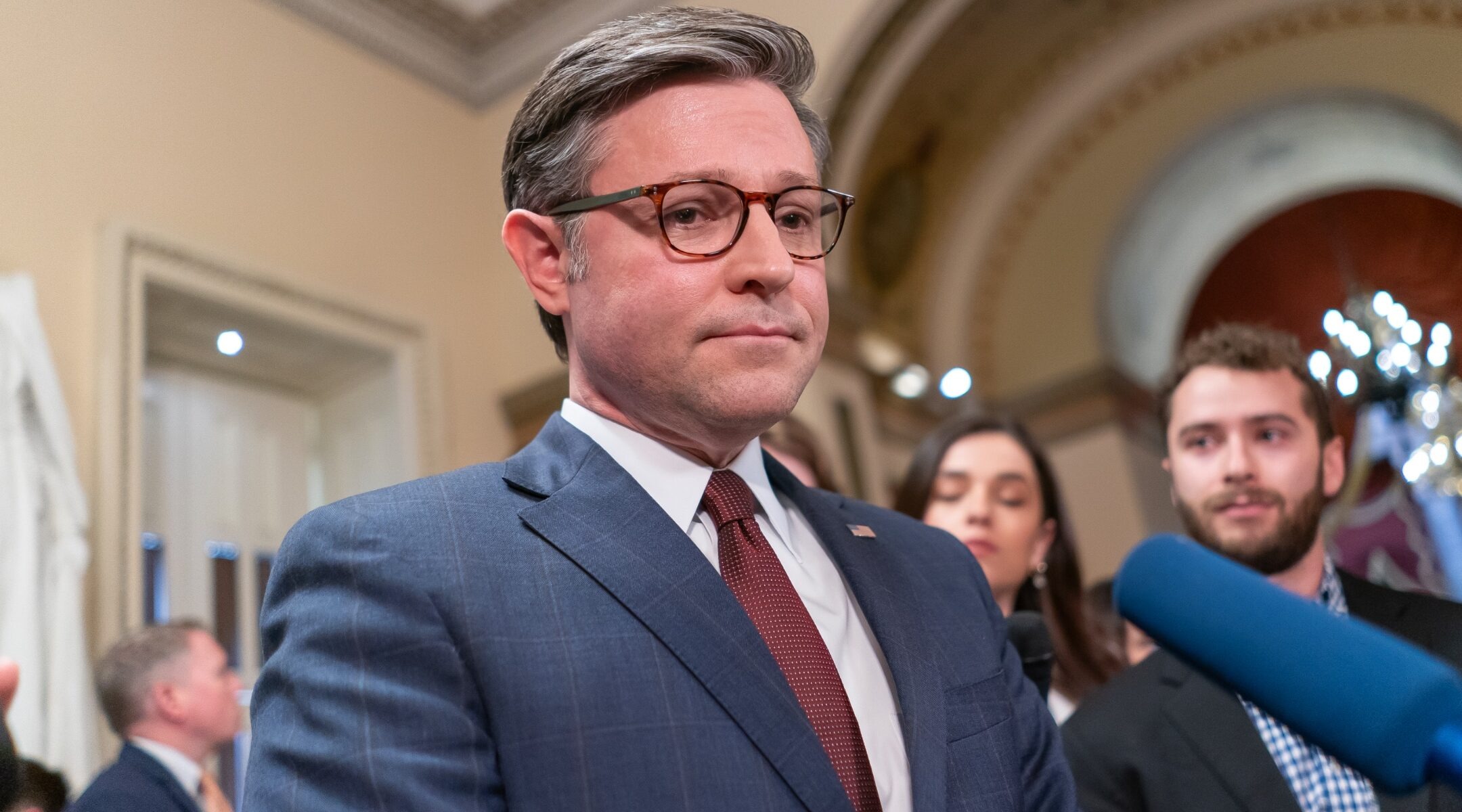Speaker of the House Mike Johnson, a Louisiana Republican, speaks with members of the media following passage of a series of foreign aid bills at the U.S. Capitol, April 20, 2024. (Photo/JTA-Nathan Howard-Getty Images)