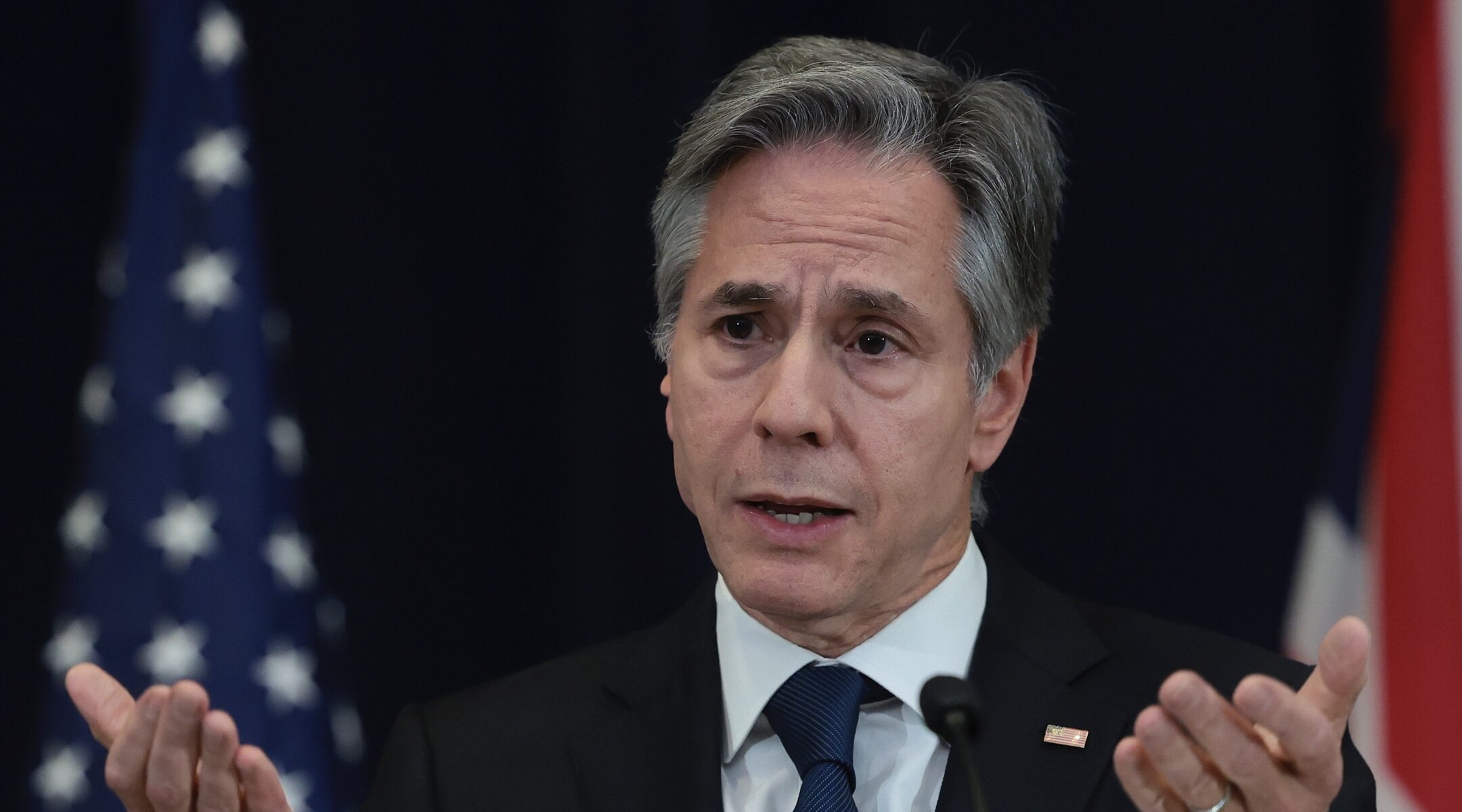 U.S. Secretary of State Antony Blinken answers questions during a press conference with British Foreign Secretary David Cameron at the State Department, Dec. 7, 2023. (Photo/JTA-Win McNamee-Getty Images)