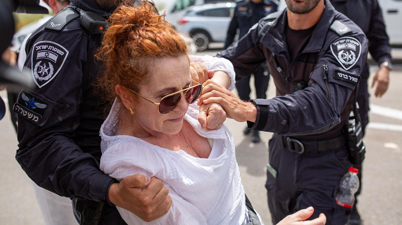 Israeli police arrest writer Ayelet Waldman at the Erez Crossing, April 26, 2024. (Photo/Emily Glick)