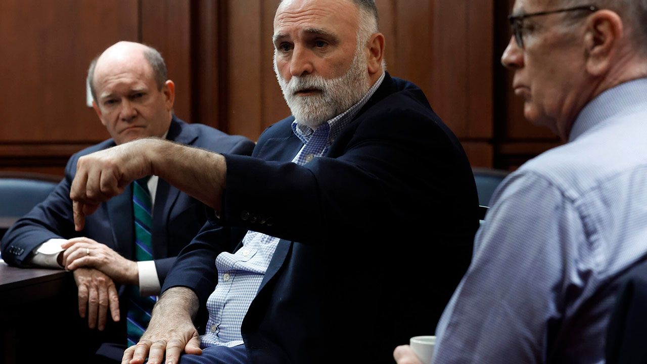Celebrity chef and World Central Kitchen founder Jose Andres (center) joins Sen. Chris Coons and Sen. Peter Welch following a meeting about getting humanitarian aid to Gaza at the U.S. Capitol, March 14, 2024. (Photo/JTA-Chip Somodevilla-Getty Images)