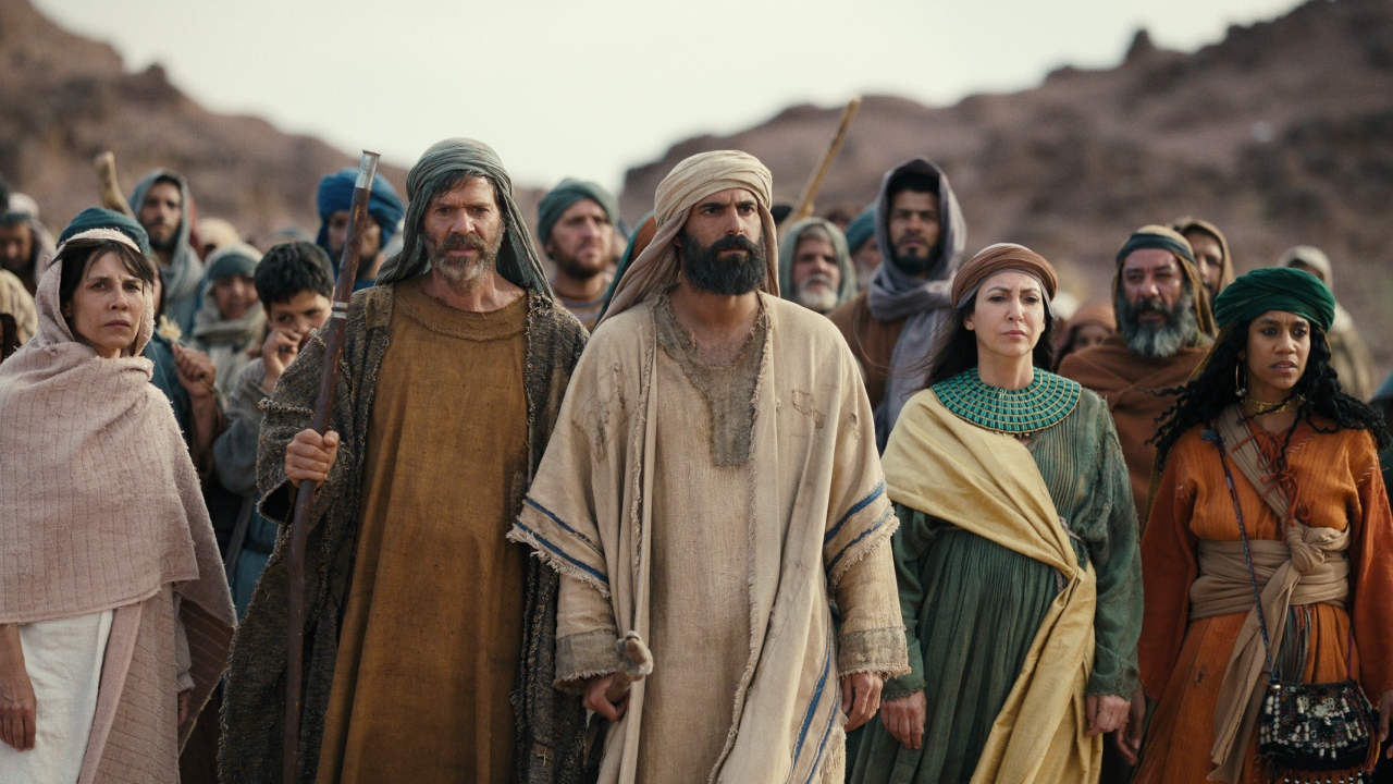 Moses (Avi Azulay, center) in between his siblings Aaron (Ishai Golan) and Miriam (Reymonde Amsellem) in "Testament: The Story of Moses." (Photo/Netflix)