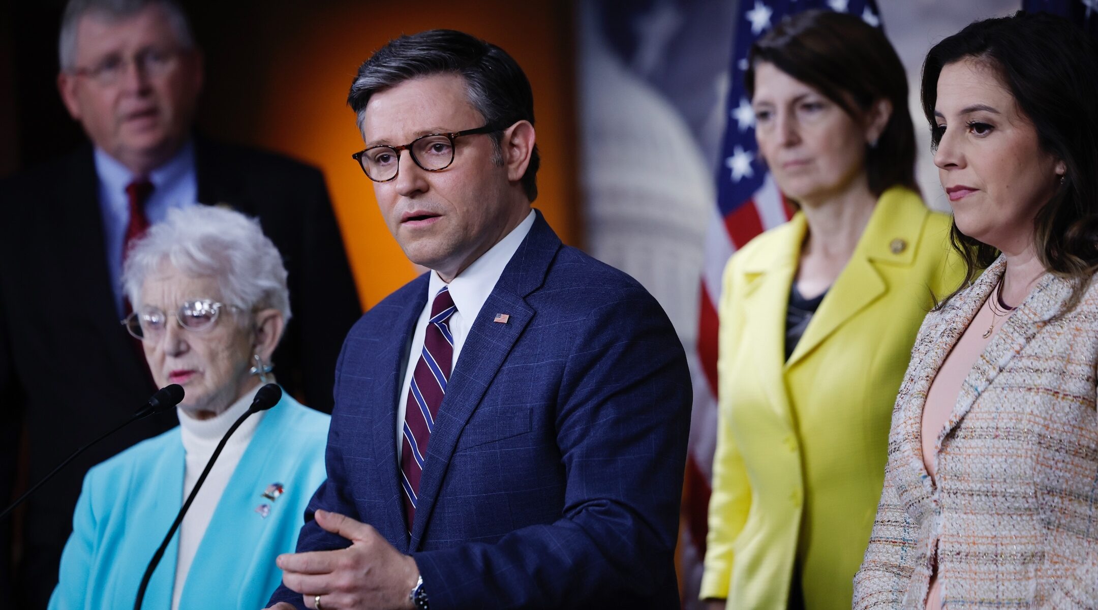 Speaker of the House Mike Johnson, a Louisiana Republican, leads a news conference with Republican committee chairs to decry pro-Palestinian protests at universities across the country at the U.S. Capitol Visitors Center, April 30, 2024. (Photo/JTA-Chip Somodevilla-Getty Images)
