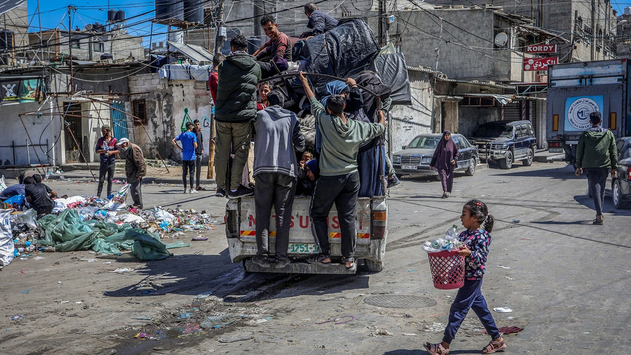 Palestinians leave their homes in Rafah, in the southern Gaza Strip, May 8, 2024. (Photo/JTA-Abed Rahim Khatib-Flash90)