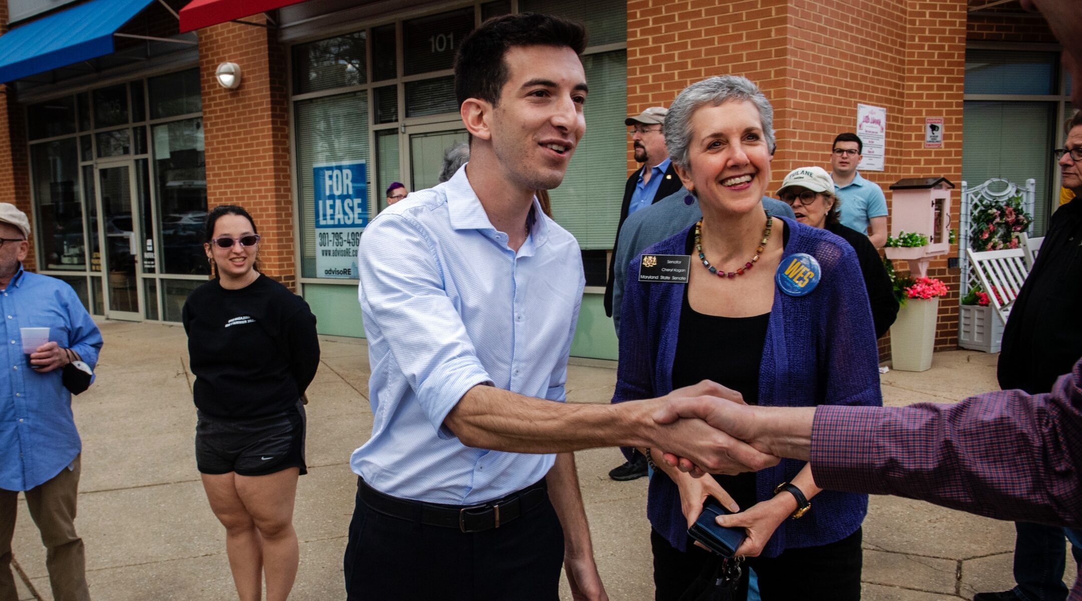 Maryland State Del. Joe Vogel, a Jewish gay Latino Democrat, campaigns with State Sen. Cheryl Kagan in Gaithersburg, Maryland, April 14, 2024. (Photo/JTA-Bill O'Leary-The Washington Post via Getty Images)