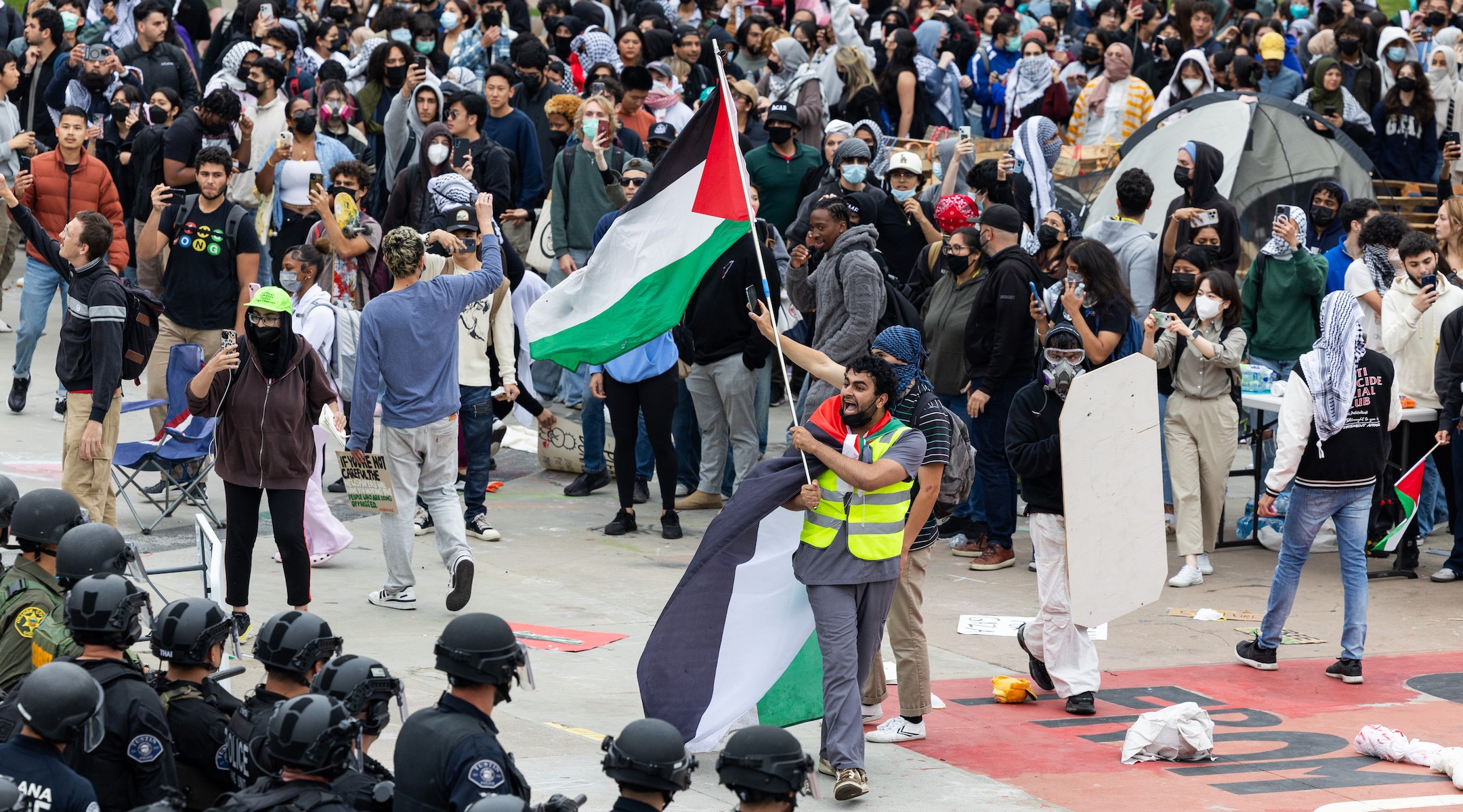 Police officers clash with pro-Palestinian demonstrators at the University of California at Irvine on May 15, 2024. (Photo/JTA-Qian Weizhong-VCG via Getty Images)
