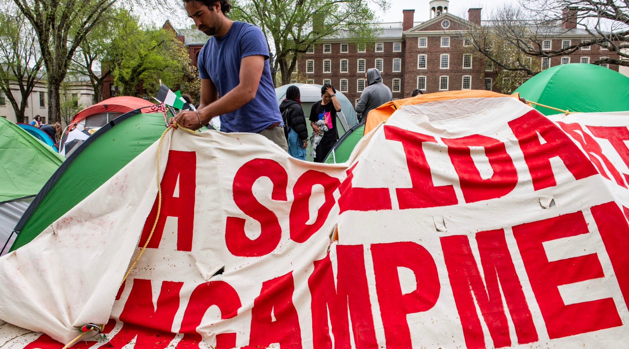 Pro-Palestinian students take down their encampment after reaching a deal with Brown University in Providence, Rhode Island on April 30, 2024. (Photo/JTA-Joseph Prezioso-AFP via Getty Images)