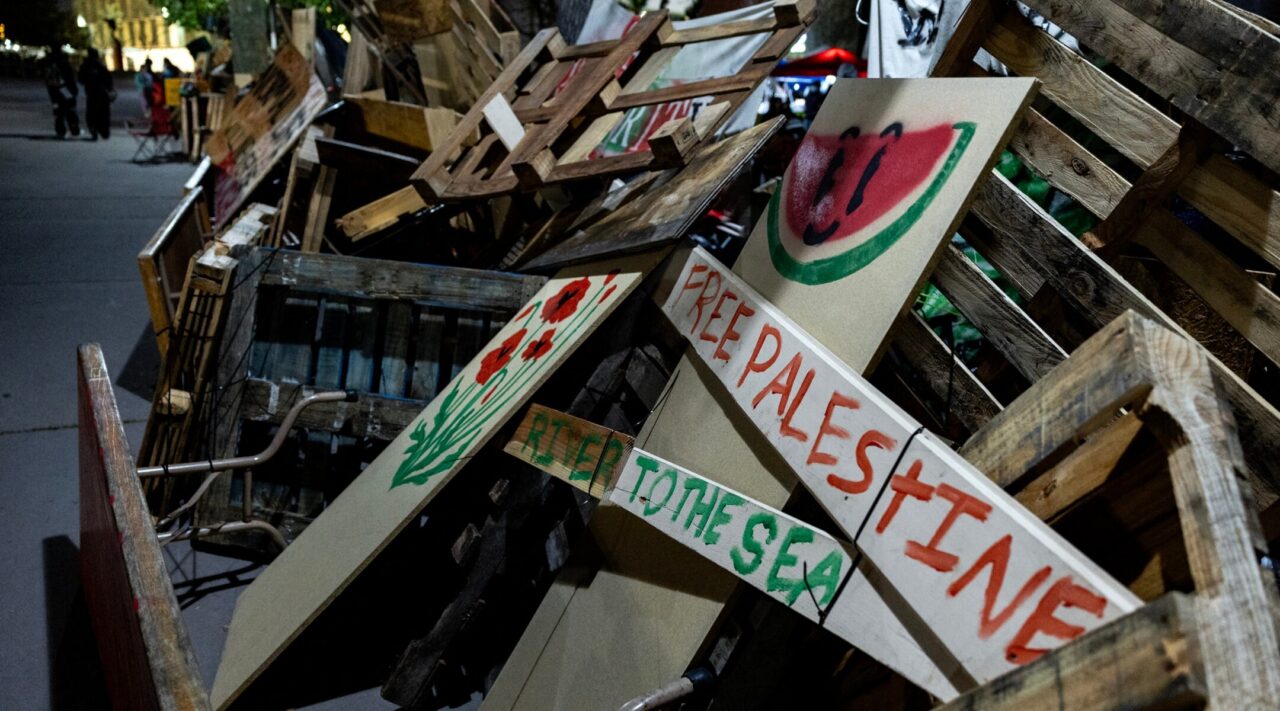 Pro-Palestinian students and activists protest at an encampment in the campus of California State University at Los Angeles on May 6, 2024. (Photo/JTA-Etienne Laurent-AFP via Getty Images)