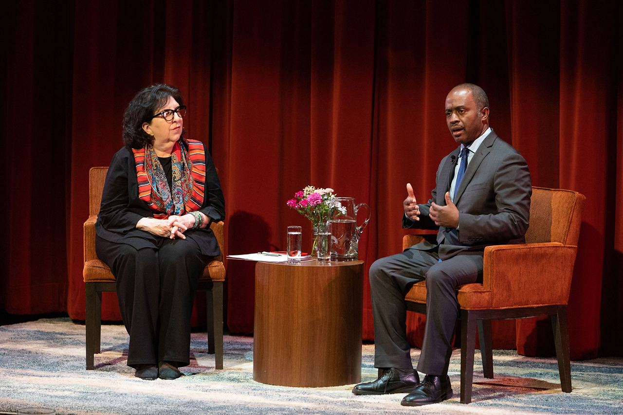 Anita Friedman, executive director of Jewish Family and Children’s Services, discusses children's education with Tony Thurmond, California's superintendent of public instruction, at the JCCSF on May 5, 2024, during a Yom HaShoah observance. (Photo/Courtesy JFCS)