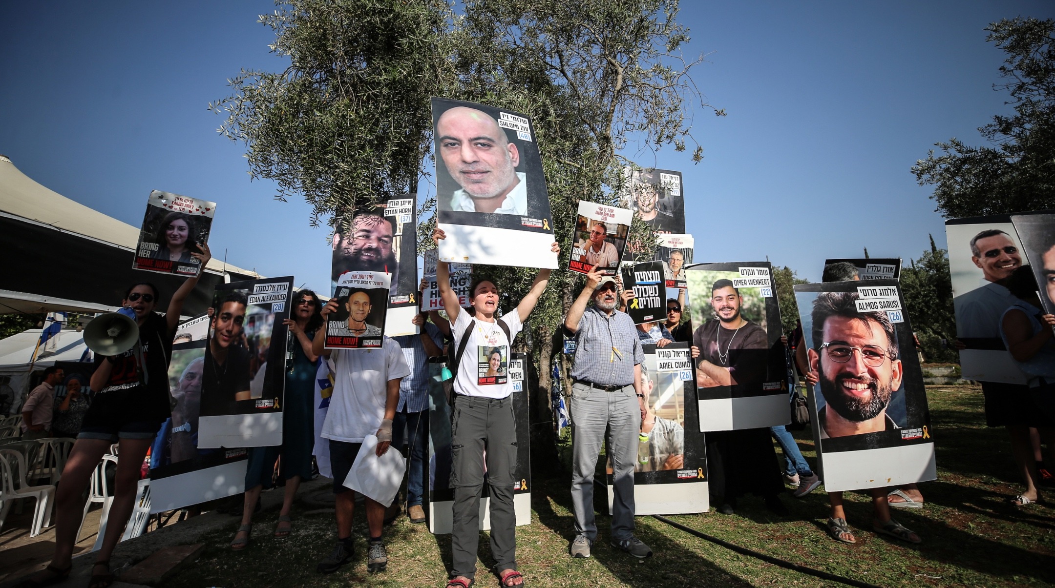 Relatives and friends of Israelis held hostage by Palestinian Hamas militants in the Gaza Strip are gathering to listen to the Israeli Finance Minister during a rally in the center of Jerusalem, June 3, 2024. (Photo/JTA-Saeed Qaq-NurPhoto via Getty Images)