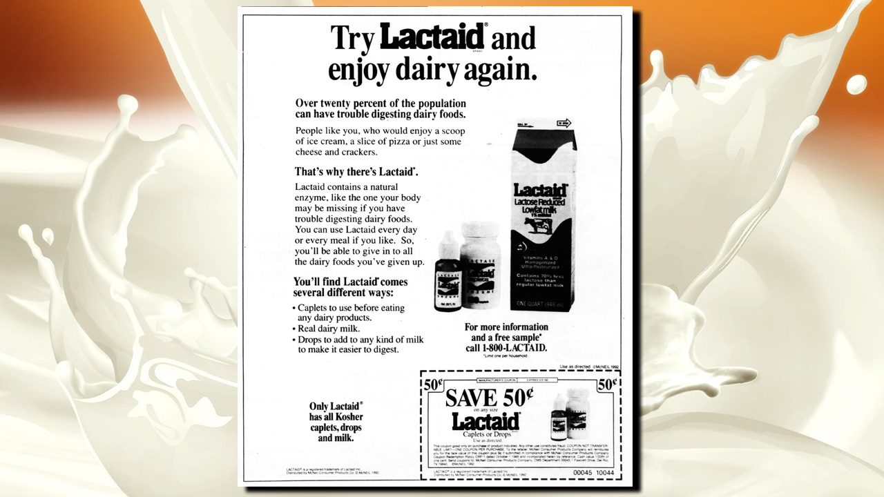 Smart advertising in 1992, considering 50%-80% of Ashkenazi Jews are lactose intolerant...and most of them wouldn't turn down a slice of cheesecake. (J. Archives)