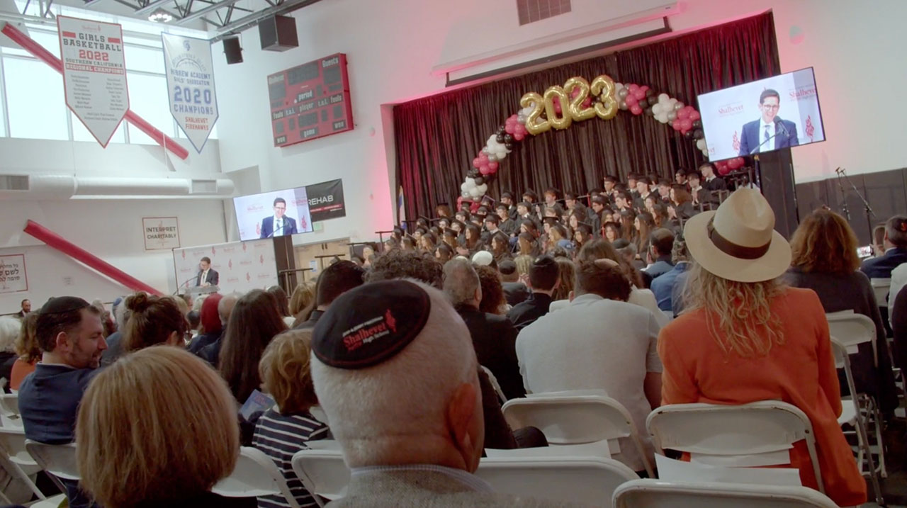 Head of Shalhevet High School Rabbi David Block speaks at the class of 2023 graduation. (Screenshot via Vimeo)