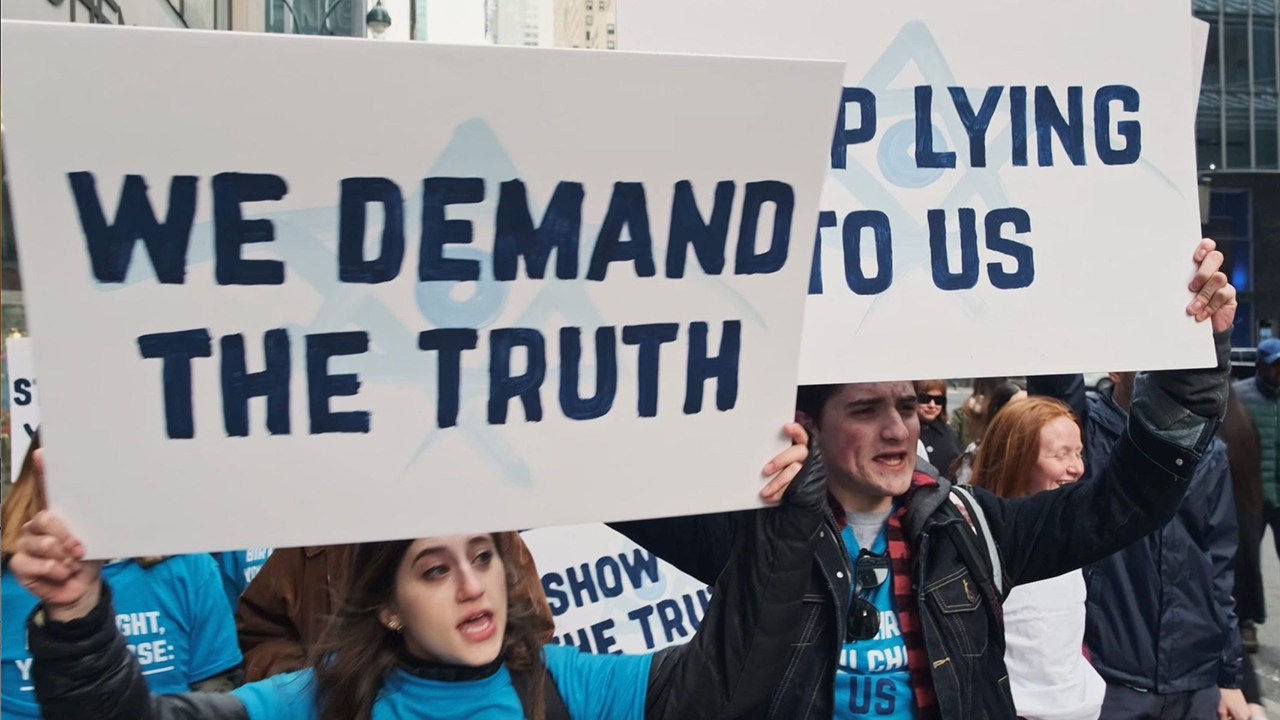 Jewish pro-Palestinian activists protest Birthright in a scene from the documentary "Israelism" (Photo/JTA/Tikkun Olam Productions)