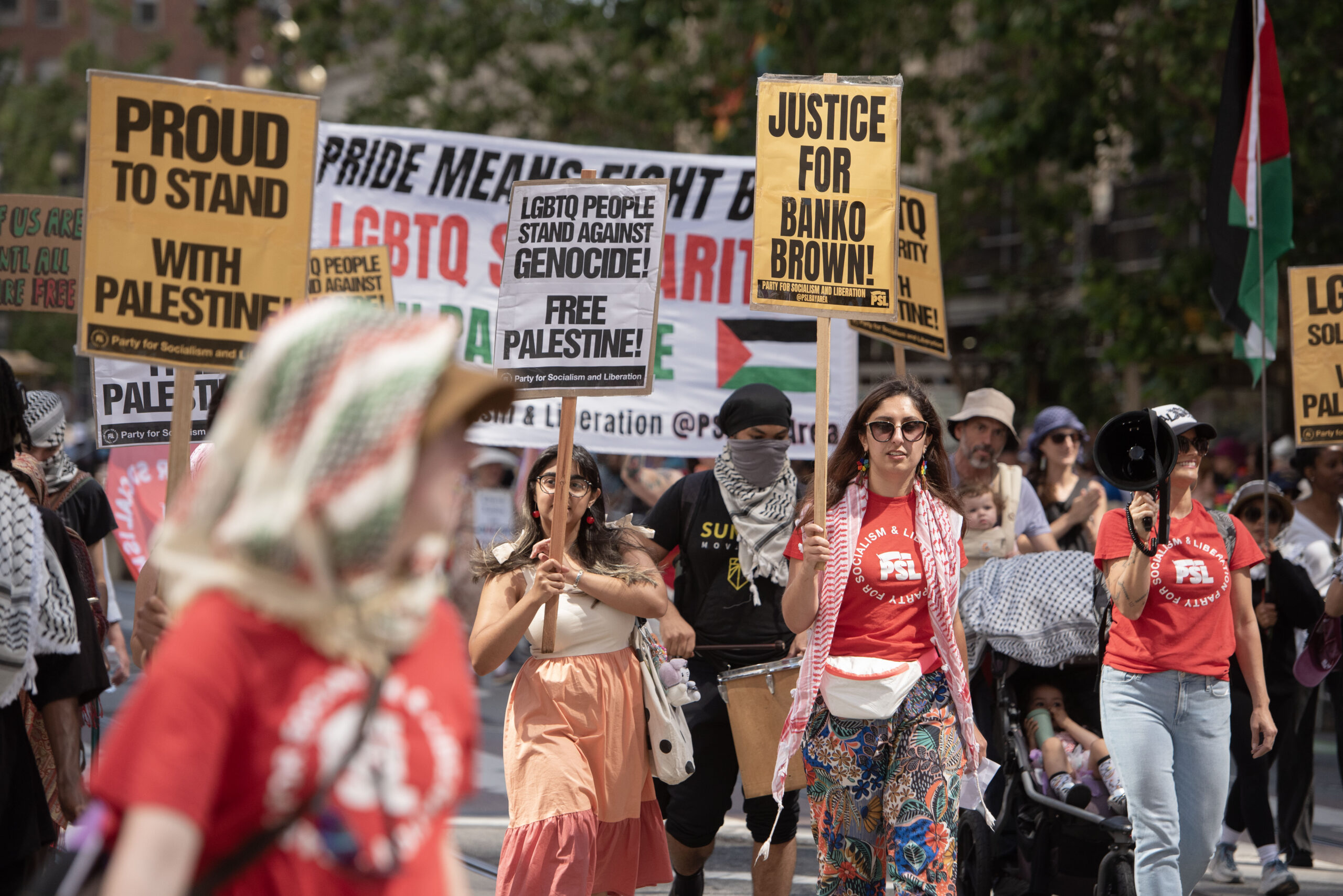 Pro-Palestinian demonstrators march in the Resistance Contingent during the San Francisco Pride Parade in San Francisco, June 30, 2024. (Aaron Levy-Wolins/J. Staff)