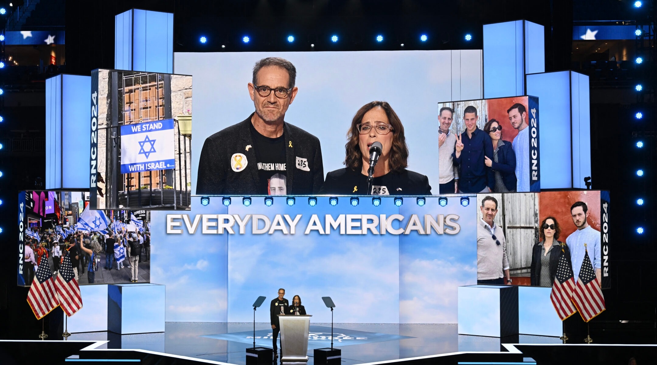 Ronen (left) and Orna Neutra, whose son is being held hostage by Hamas, speak during the third day of the 2024 Republican National Convention at the Fiserv Forum in Milwaukee, Wisconsin, July 17, 2024. (Andrew Caballero-Reynolds/AFP via Getty Images)