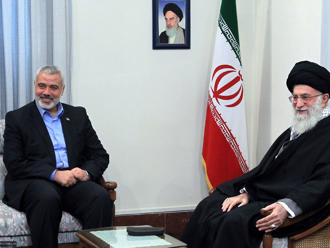 Hamas political leader Ismail Haniyeh meets with Iranian Supreme Leader Ali Khamenei in 2012. (khamenei.ir via Wikimedia CC BY-SA 4.0)