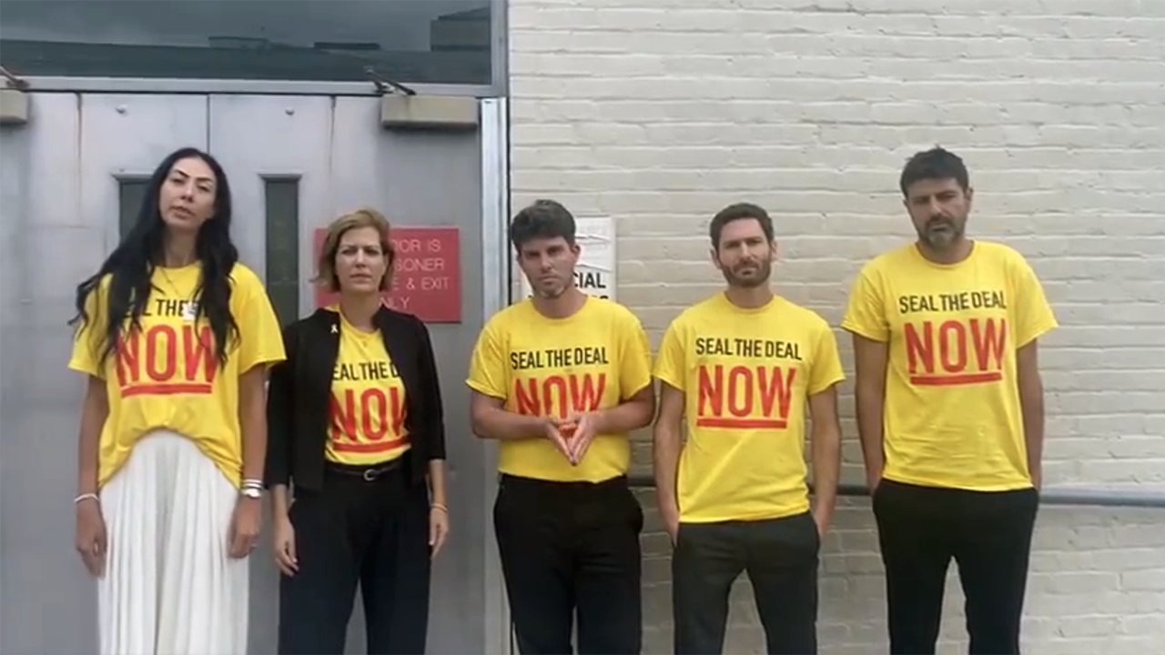 Relatives of Israeli hostages held in Gaza wore "BRING THEM HOME NOW" T-shirts to Prime Minister Benjamin Netanyahu's address to Congress in Washington, D.C. on July 24, 2024. (Screenshot via Twitter)