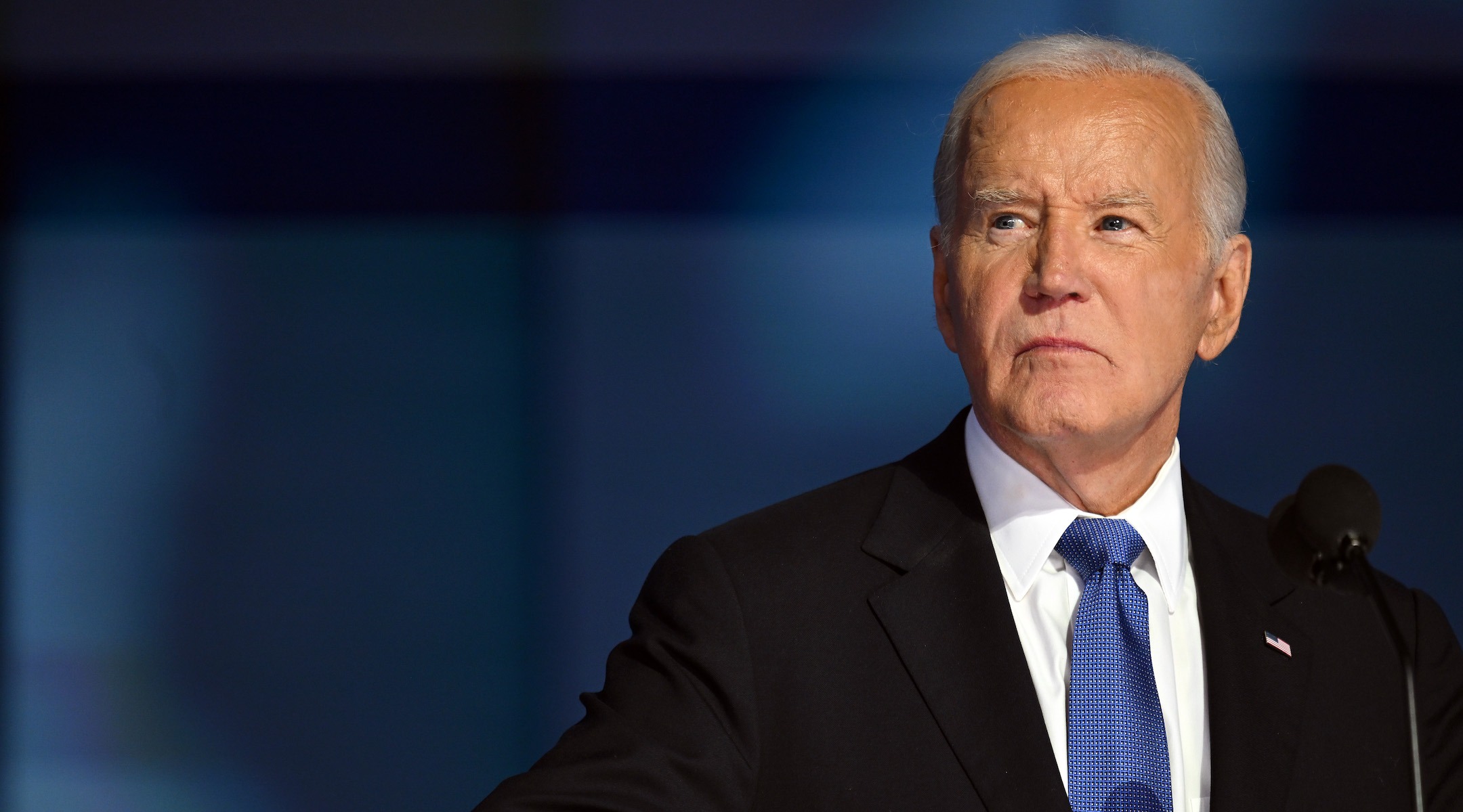 President Joe Biden speaks onstage during the first day of the Democratic National Convention at the United Center on Aug. 19, 2024 in Chicago, Illinois.  (Brandon Bell/Getty Images)