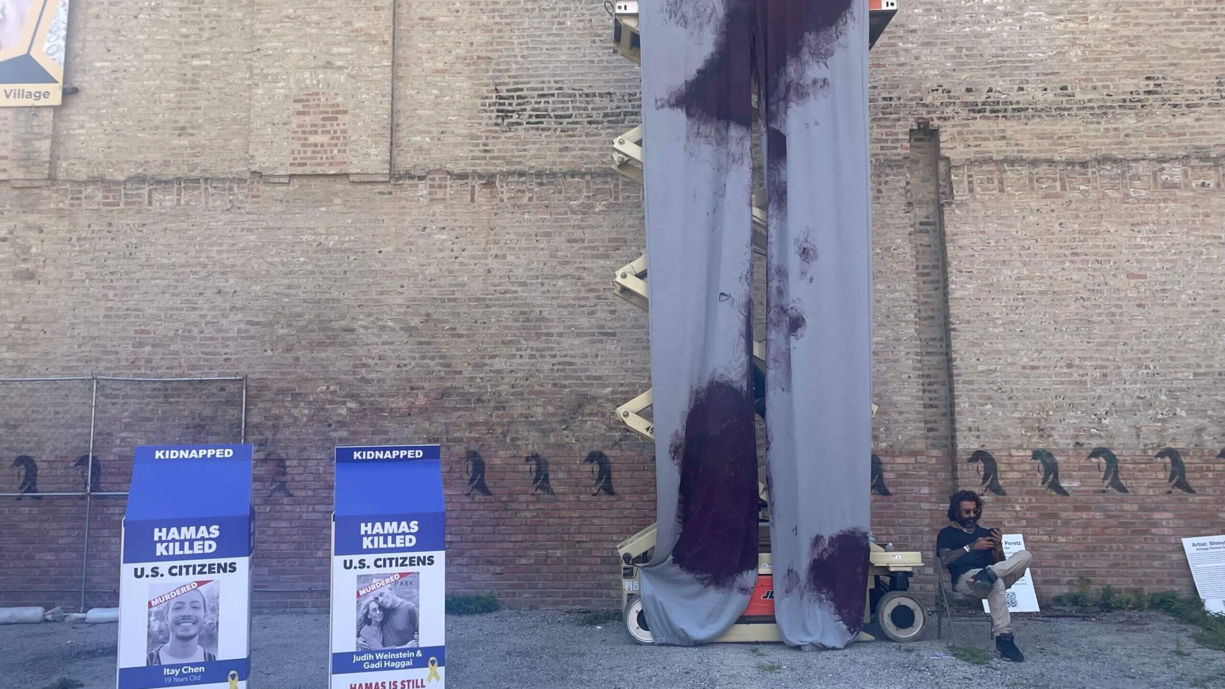 A mile from the DNC, a tribute to the Israeli hostages features a 22-foot replica of the bloody sweatpants worn by 19-year-old Naama Levy, one of the 100-plus Israelis still in captivity in Gaza. (Jodi Rudoren/Forward)