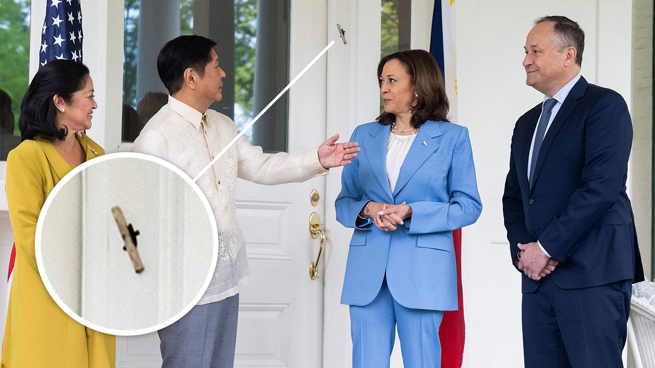 Vice President Kamala Harris and Second Gentleman Doug Emhoff greet Philippine President Ferdinand Marcos Jr. and his wife Louise Araneta-Marcos as they arrive for brunch at the Vice President's Residence in Washington, D.C., May 2, 2023. The residence's mezuzah is visible on the door frame. (Saul Loeb/AFP via Getty Images)