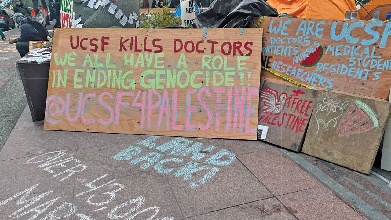 Signs at a short-lived UCSF pro-Palestinian encampment that was dismantled in May of 2024. (Instagram @ucsf4palestine)