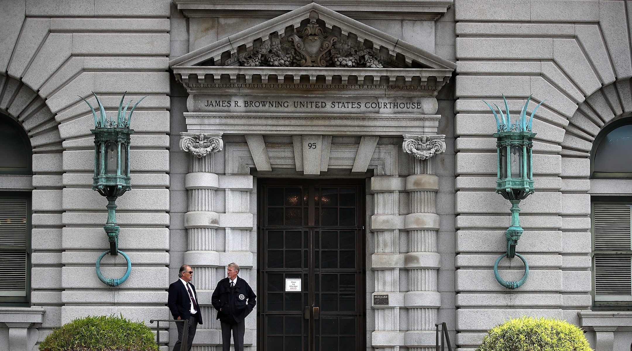 The front door of an ornate court building