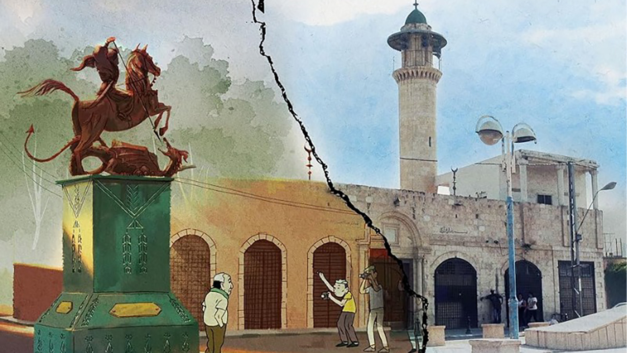 an image of a mosque, part photograph and part illustration, fractured down the middle