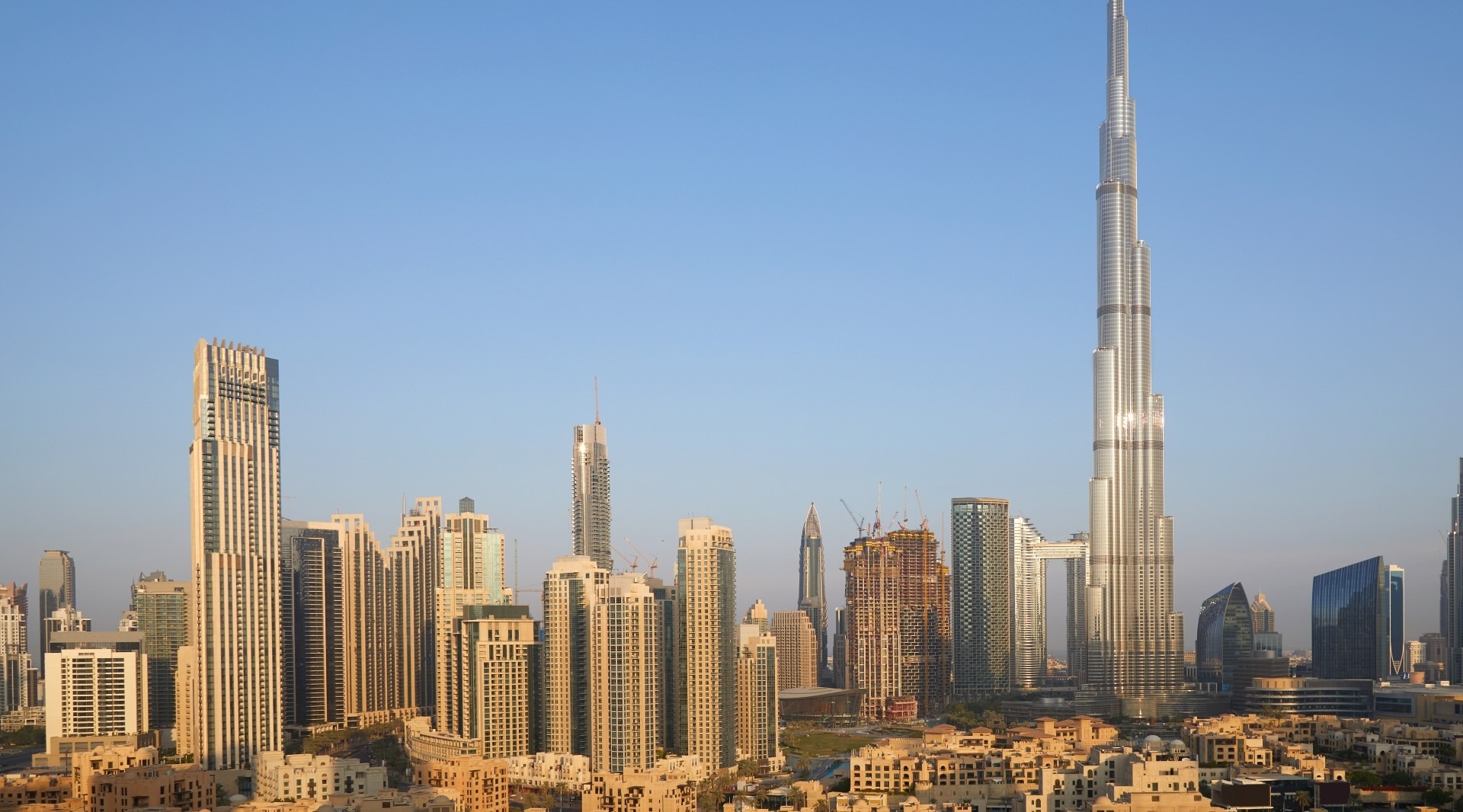 the Dubai skyline of modern towers seen on a clear day