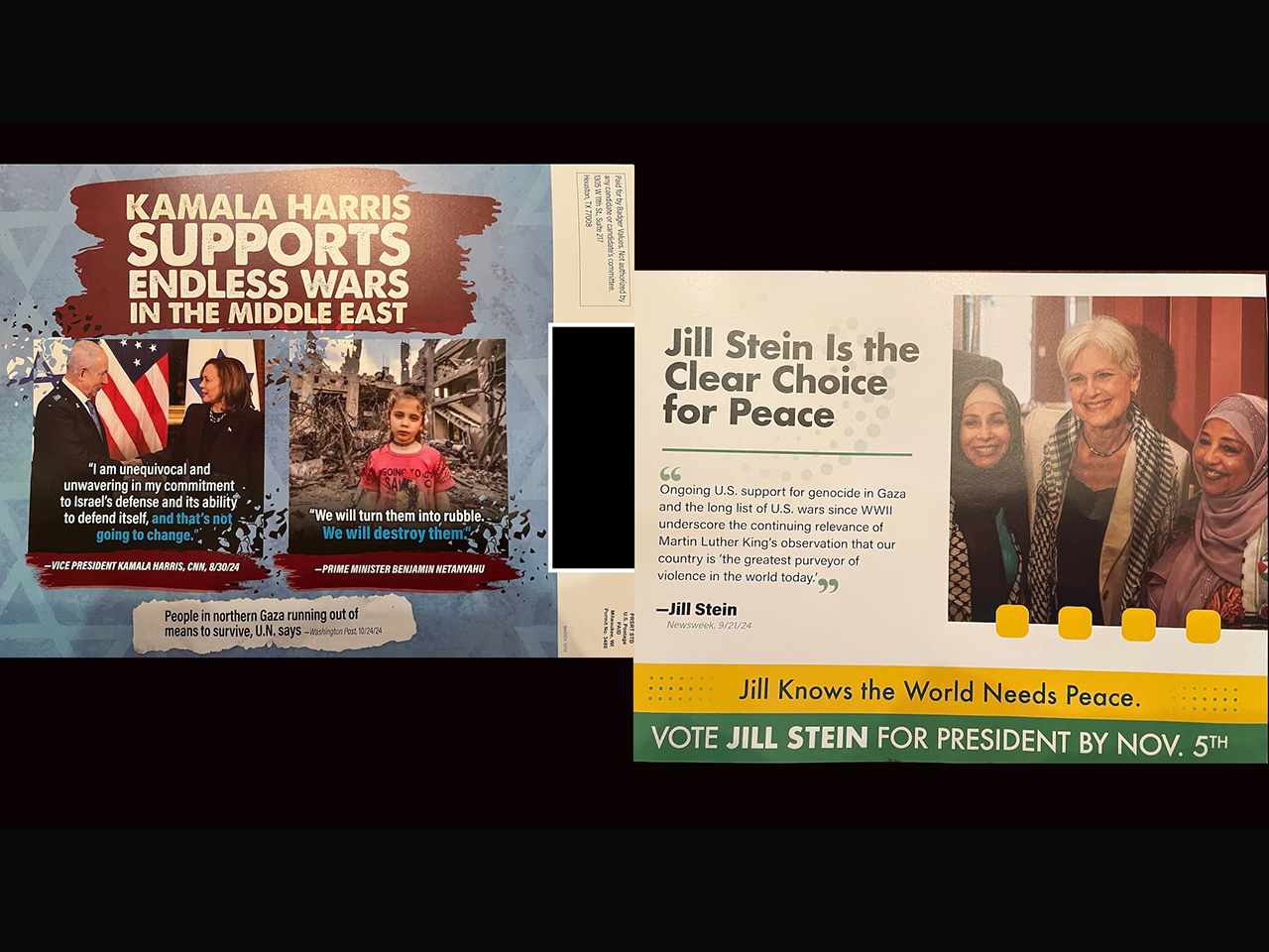 Two mailers: One says "Kamala Harris supports endless wars in the Middle East" and another says "Jill Stein is the clear choice for peace"
