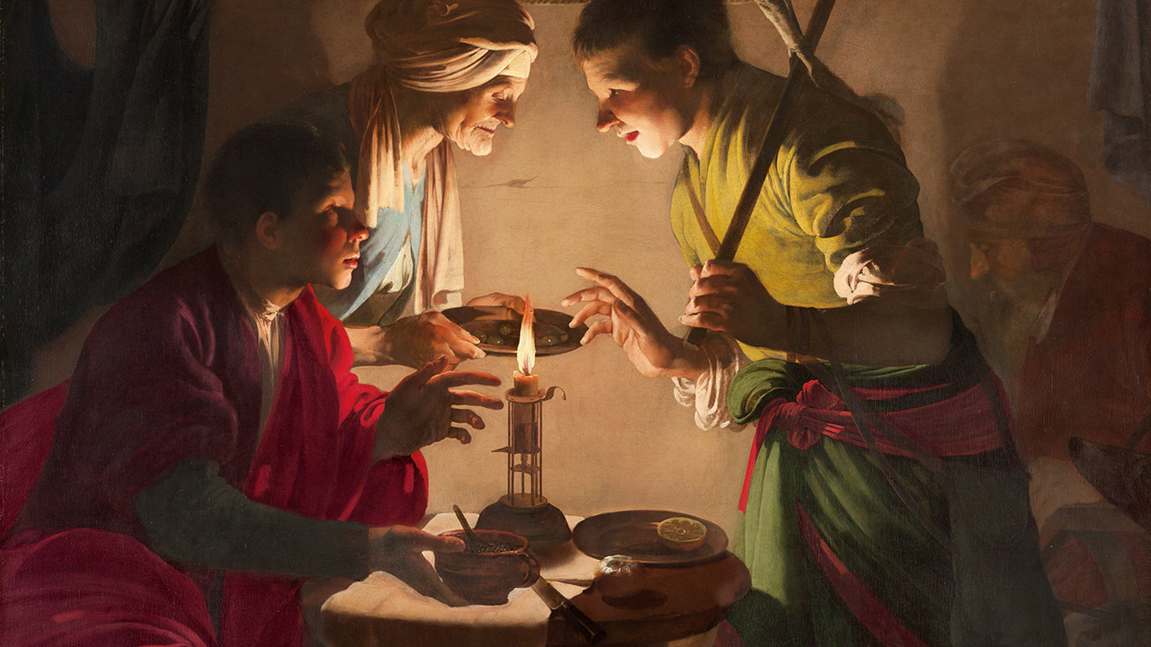a classical painting of two young men discussing something secretively by candlelight