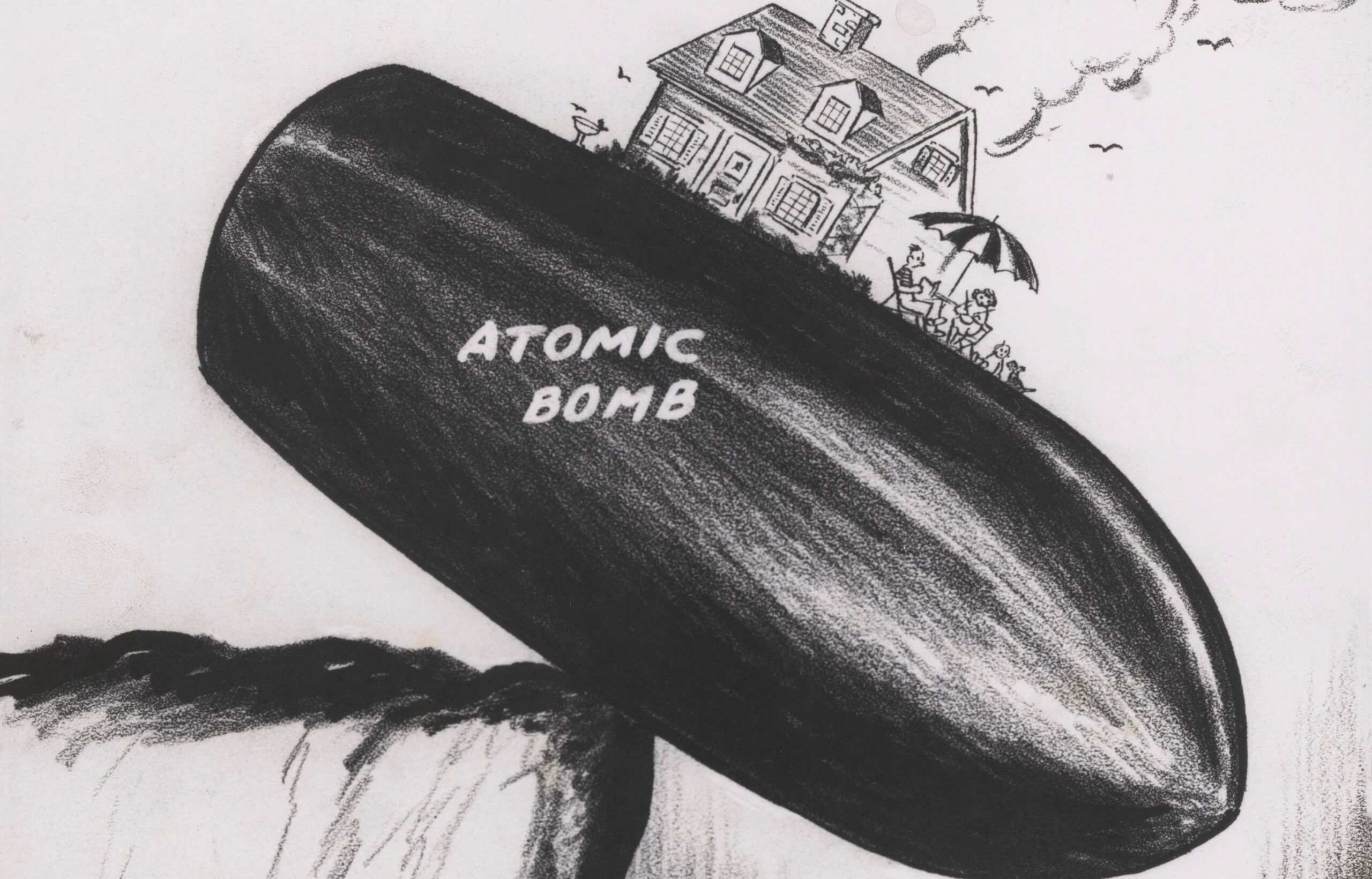 a sketch of an atomic bomb teetering on the edge of a cliff — on top of the bomb, a suburban home sits peacefully