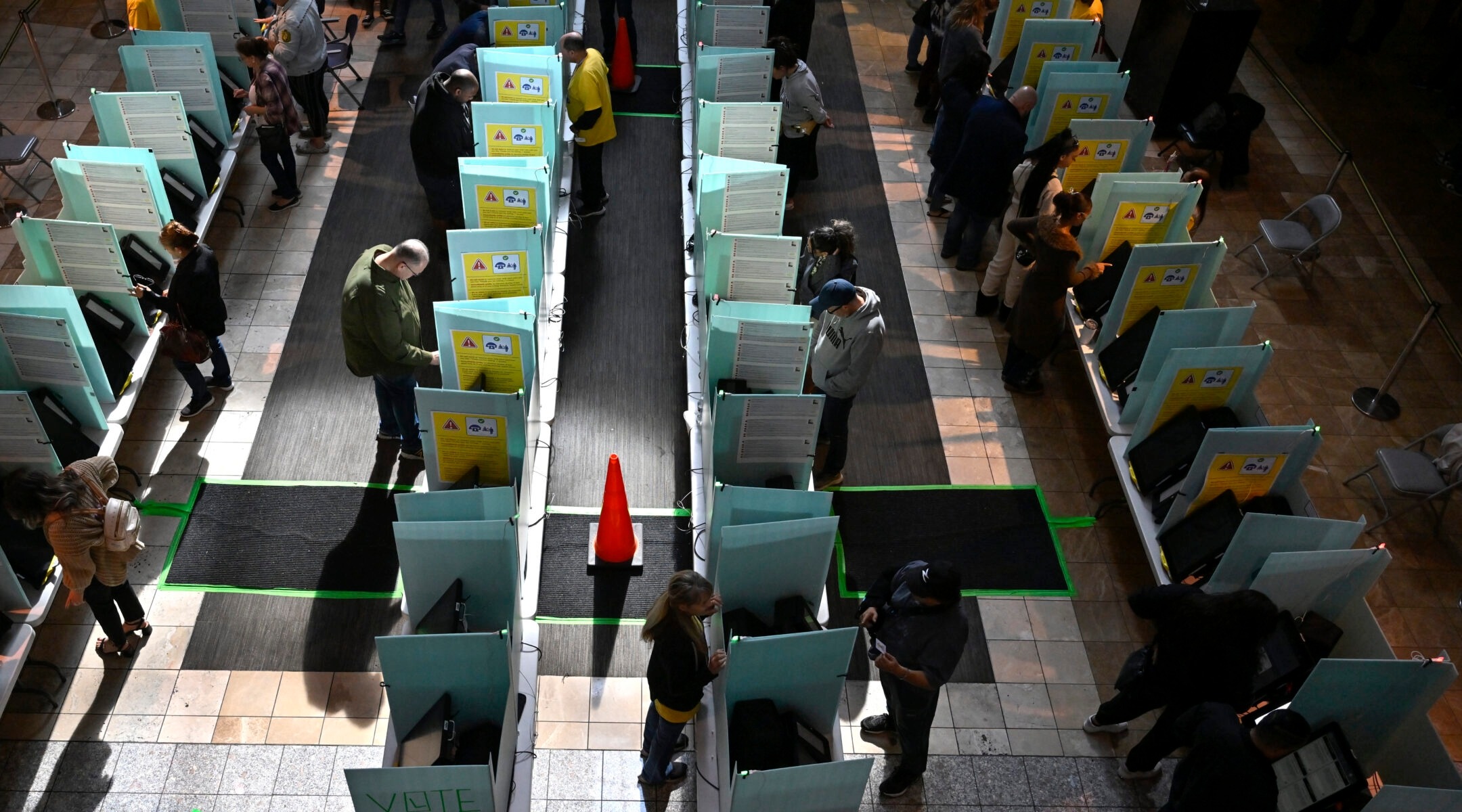 Voters cast their ballots at a polling station inside the Galleria at the Sunset Mall in Las Vegas, Nov. 5, 2024. (David Becker/Getty Images)