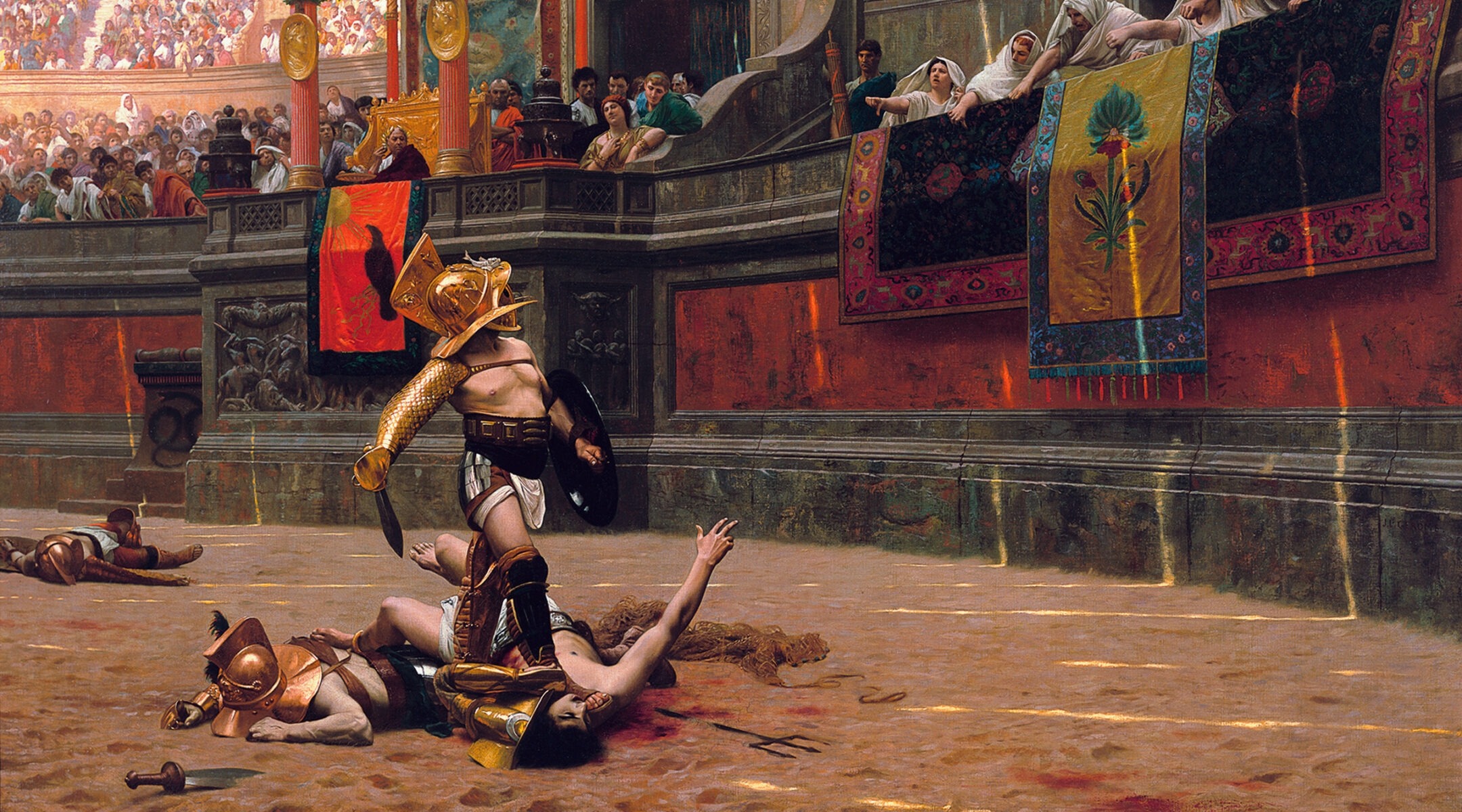A painting of a gladiator, clad in gold, standing over his defeated opponent. He looks up at the crowd, many of whom hold their hands up in the thumbs-down sign.