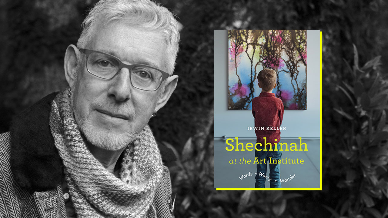 black and white photo of Keller seated outside, next to the cover of the book which shows a child from behind looking at an abstract painting
